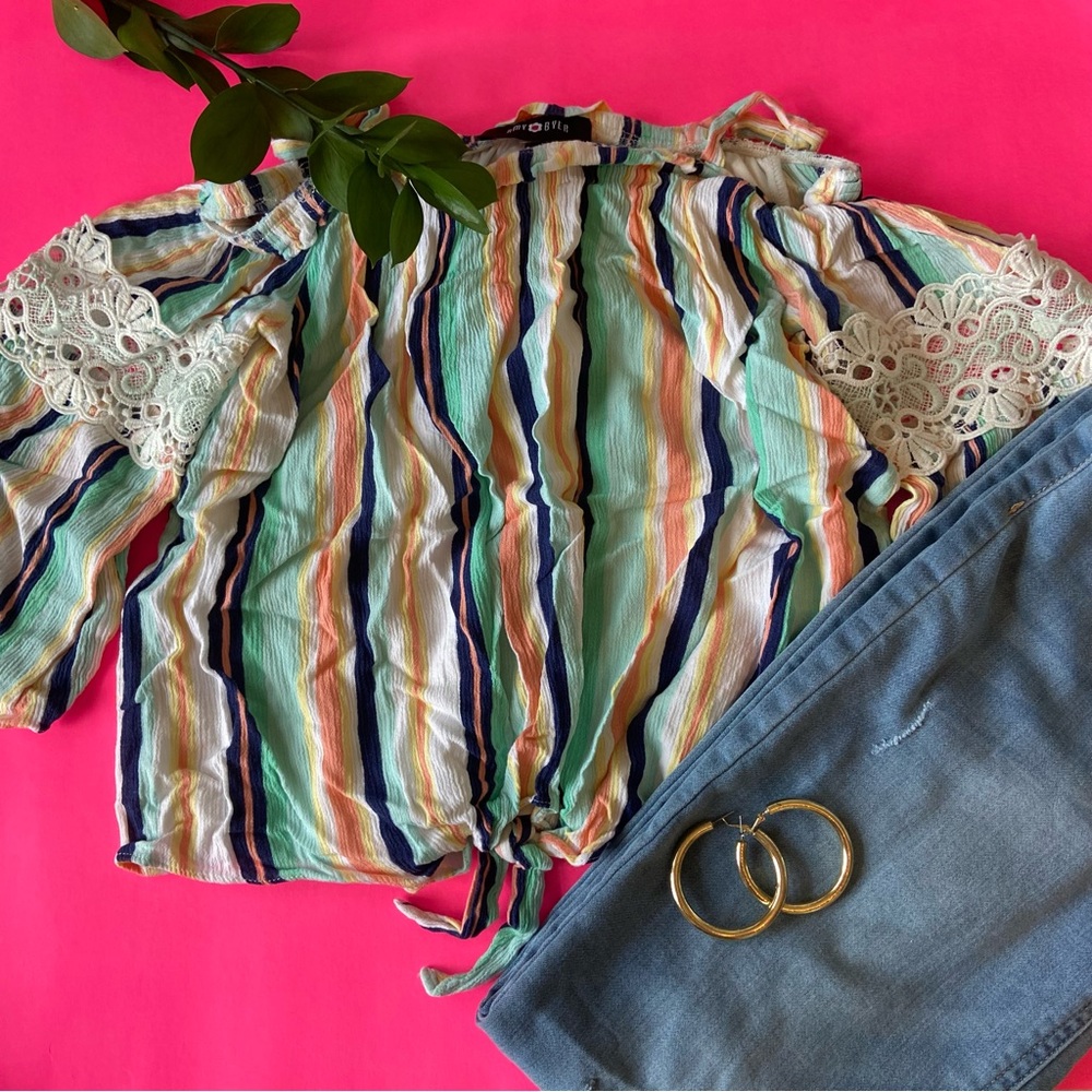 Off Shoulder 3/4 Sleeve Tie Front Blouse